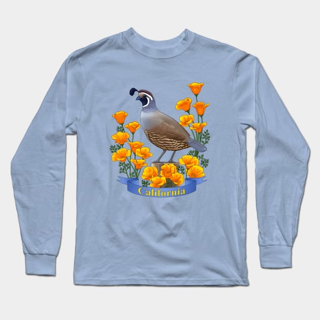California State Bird Quail and Poppy Flower Long Sleeve T-Shirt by csforest